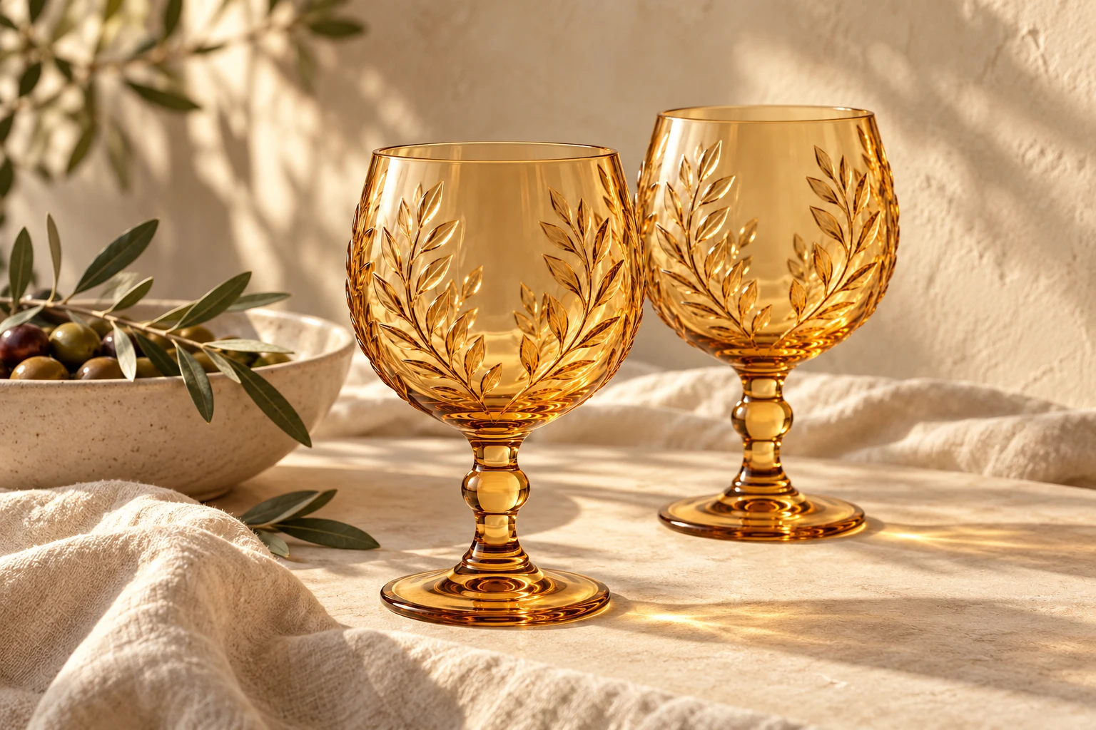 Laurel amber stemware with simple table linen