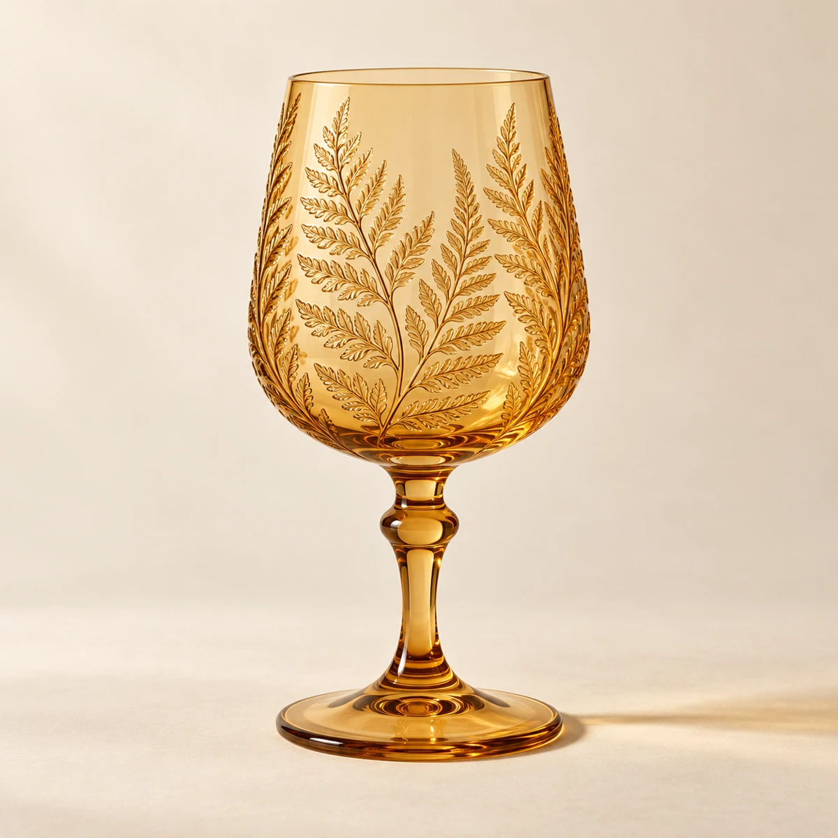 Fern Wine Glass — Golden Amber, tapered wine bowl · fern leaves